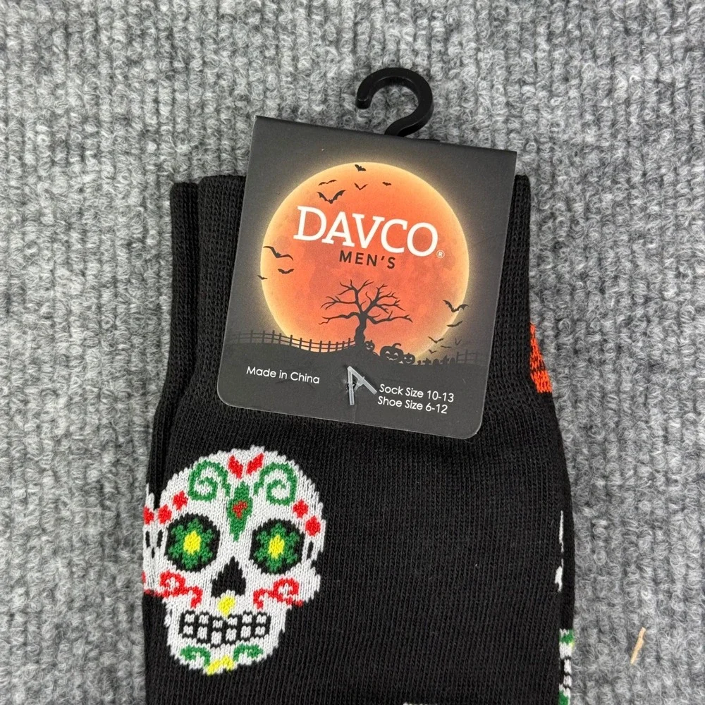 Davco Mens Dia De Los Muertos Sugar Skull Crew Socks Black Size 10-13 Shoe 6-12
